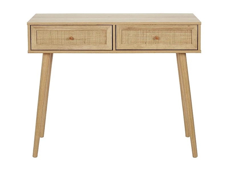 MAYA - Console 2 Tiroirs Effet Bois et Façades Rotin