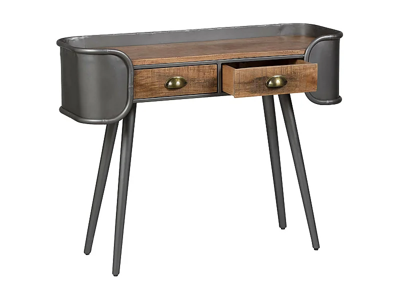 PALISSO - Console 2 Tiroirs Bois et Acier Patiné