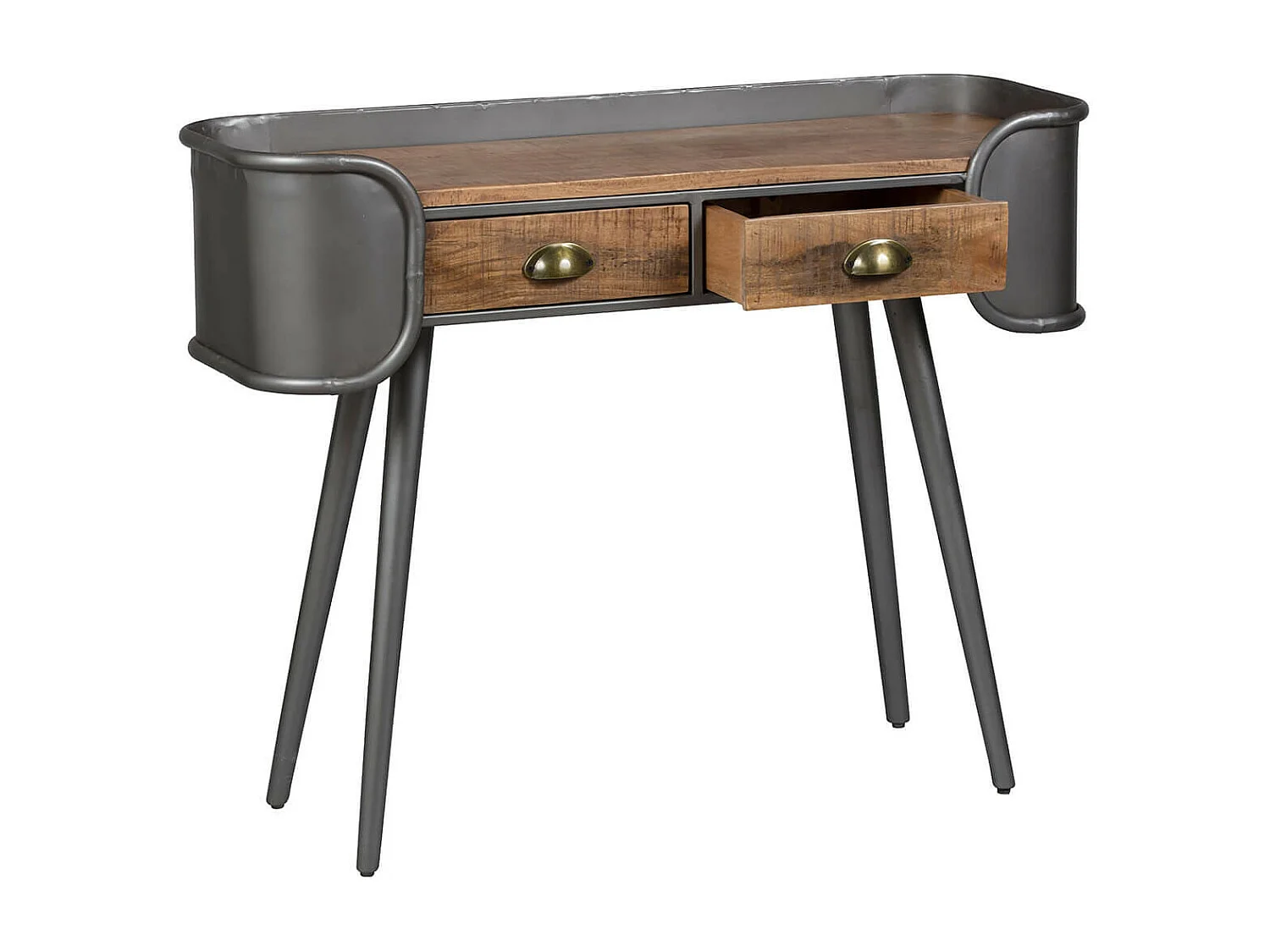 PALISSO - Console 2 Tiroirs Bois et Acier Patiné