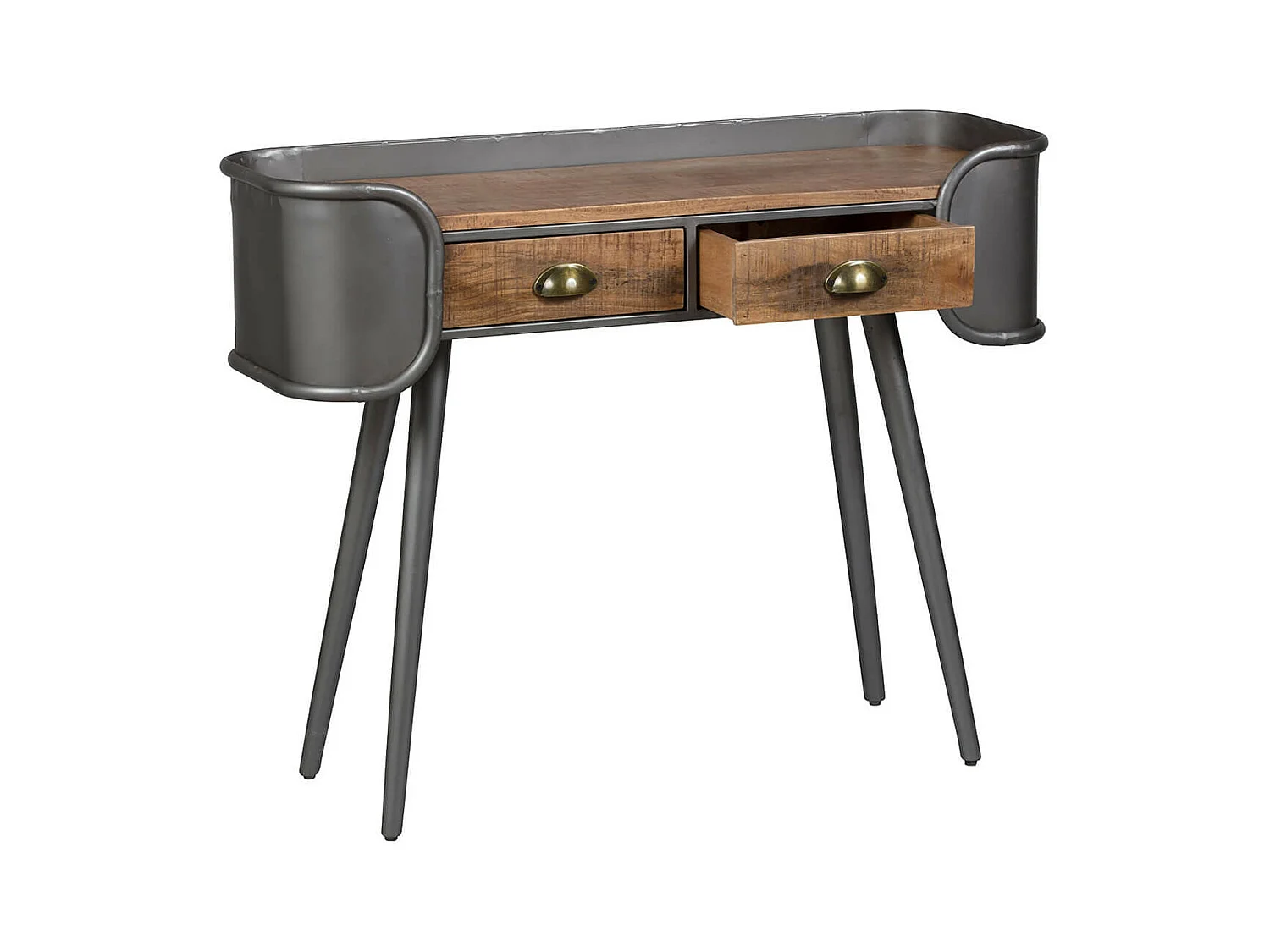 PALISSO - Console 2 Tiroirs Bois et Acier Patiné