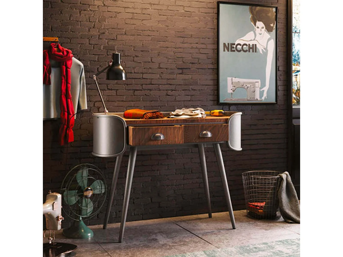 PALISSO - Console 2 Tiroirs Bois et Acier Patiné