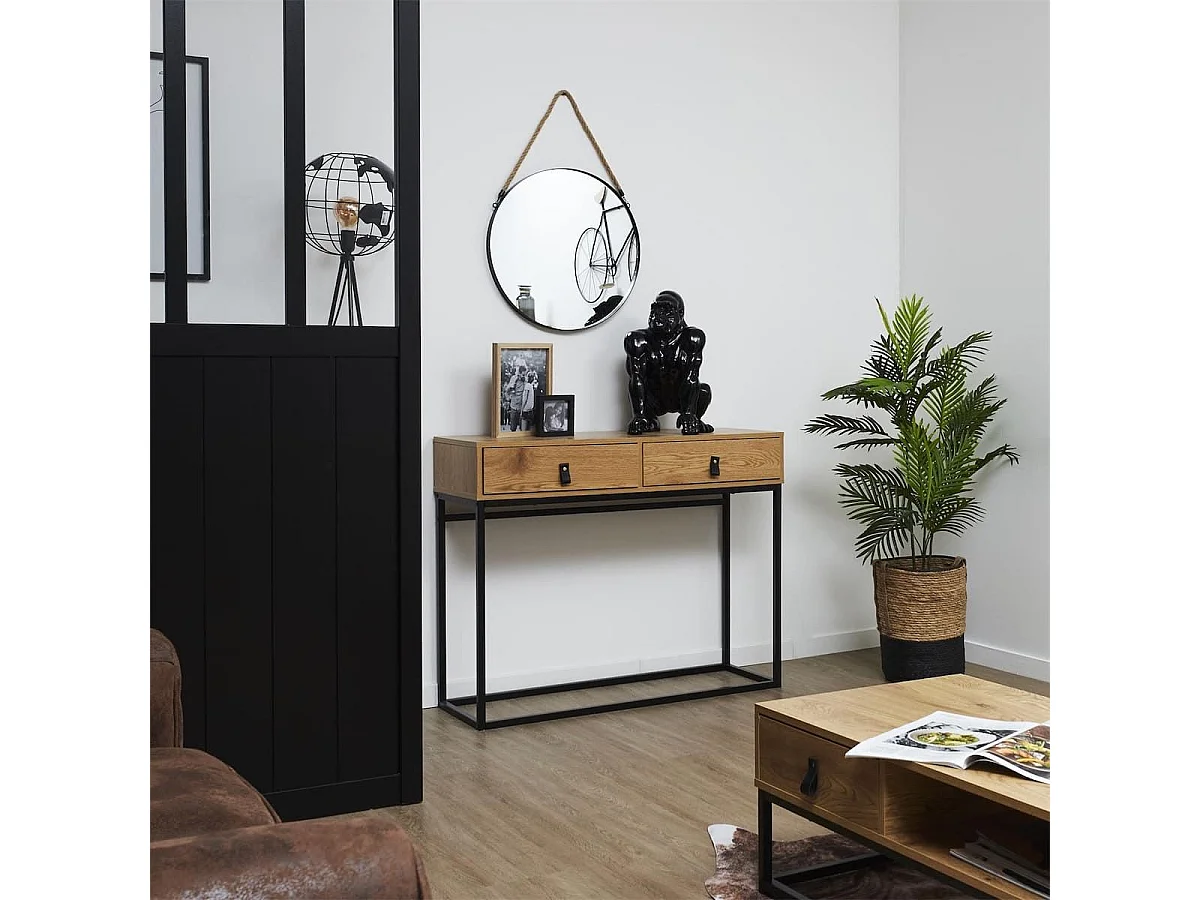 ABRIL - Console 2 Tiroirs Aspect Bois et Pieds Métal
