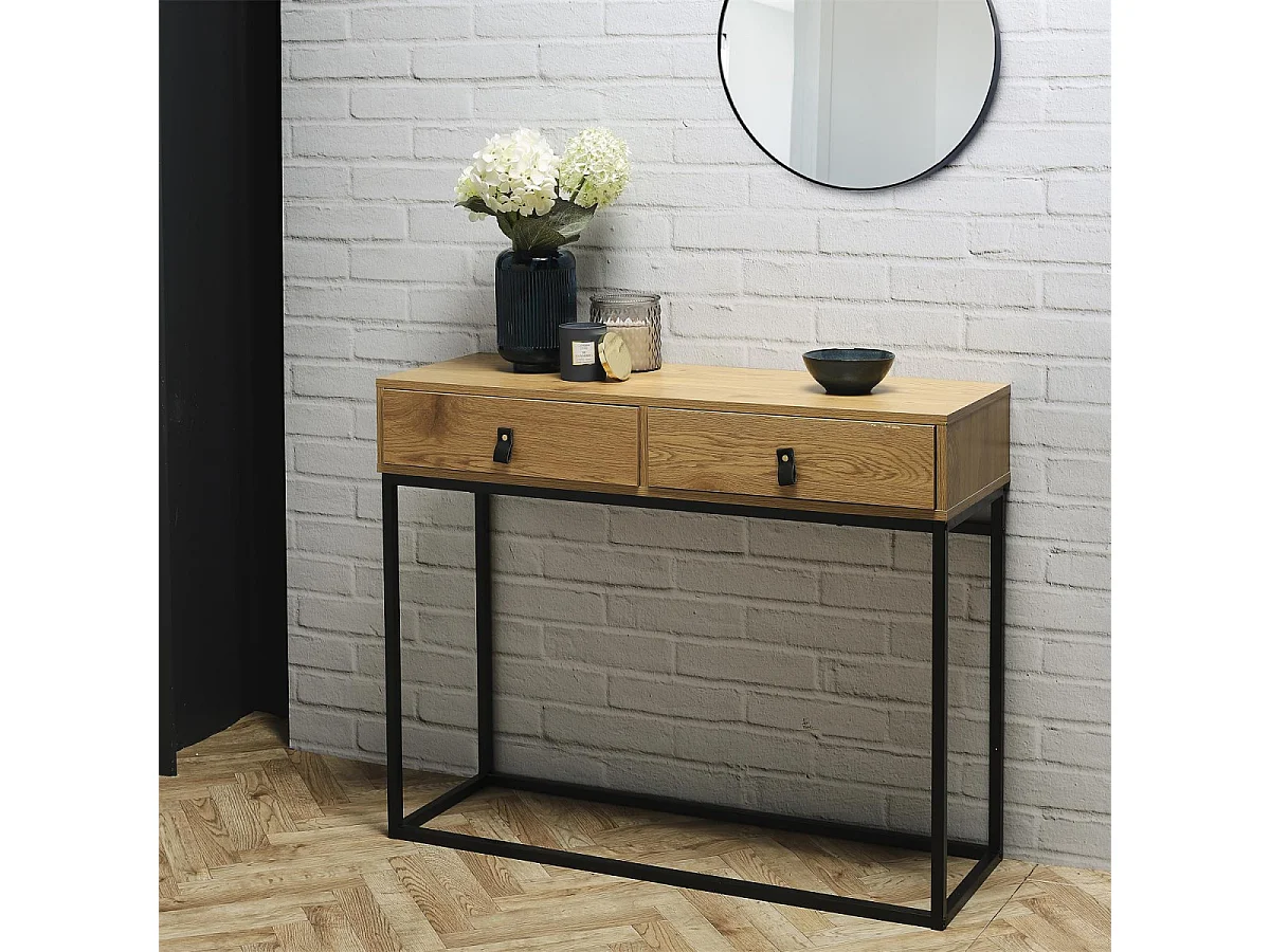 ABRIL - Console 2 Tiroirs Aspect Bois et Pieds Métal