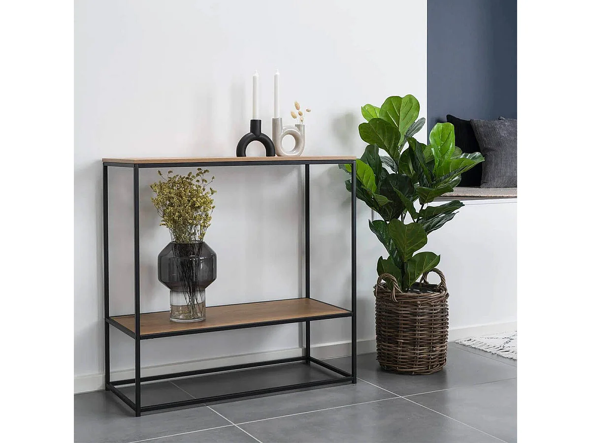 VOLLRAD - Console Acier Noir et Plateau Bois Naturel