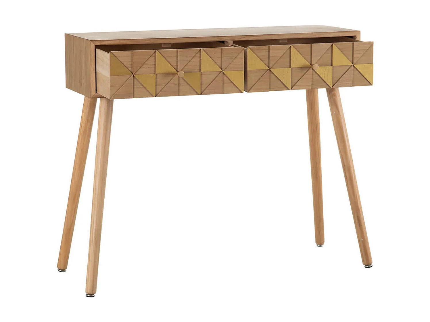 OLIVIA - Console 2 Tiroirs Bois Naturel et teinté Or