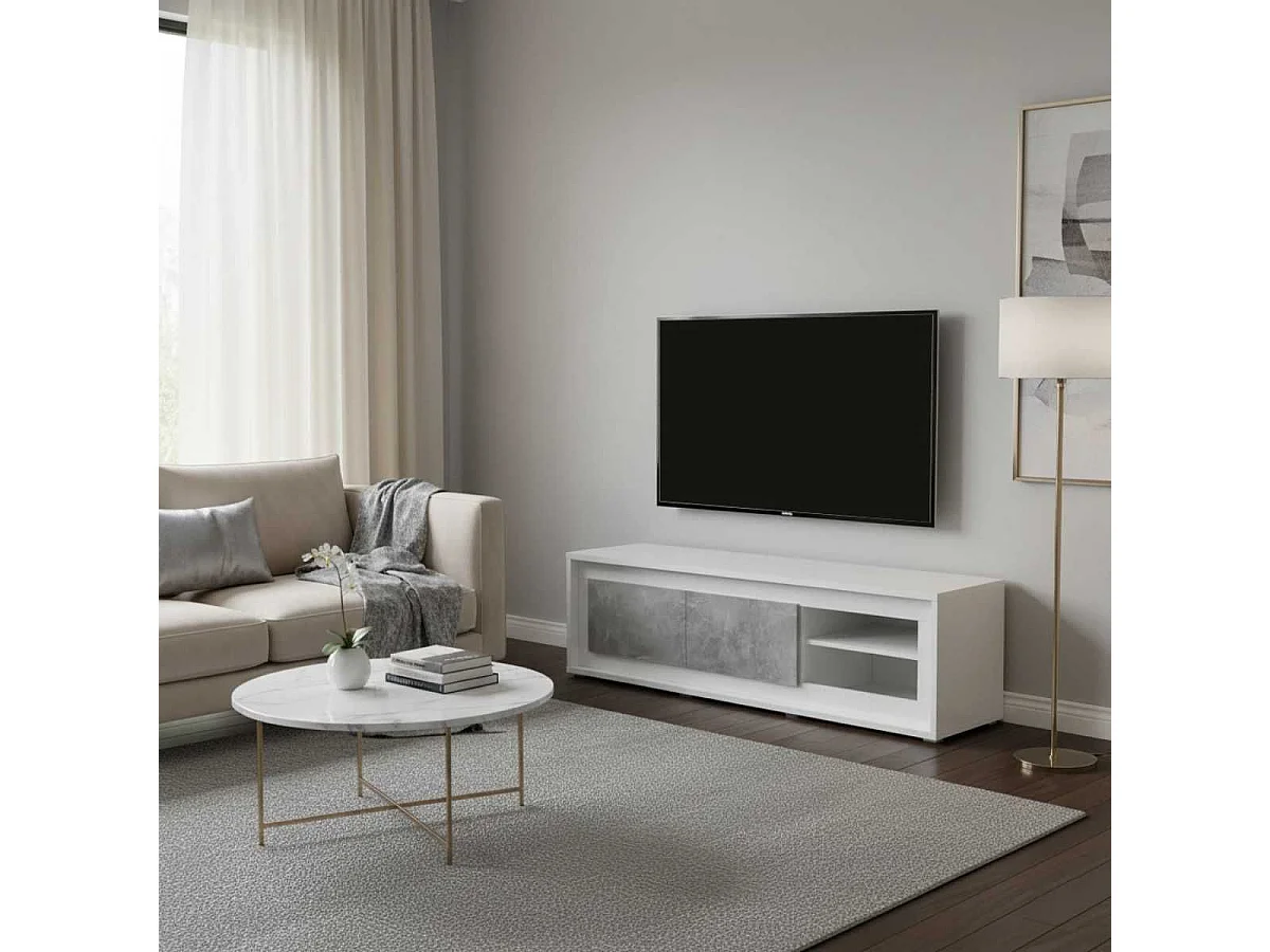 SKALA - Meuble TV 2 Tiroirs Effet Béton avec Eclairage Led