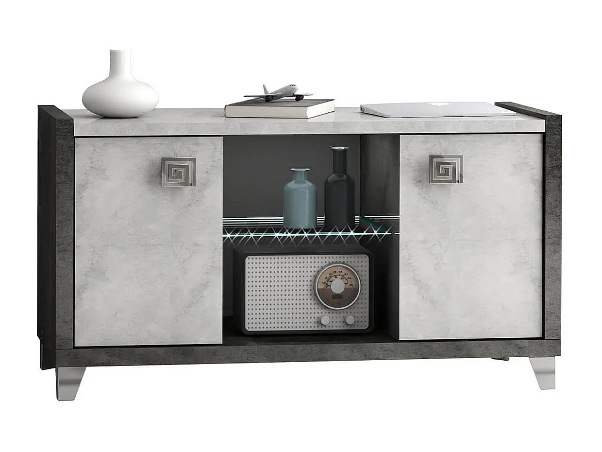 HOFFMAN - Meuble TV 2 Portes 105cm Gris Aspect Pierre avec Led