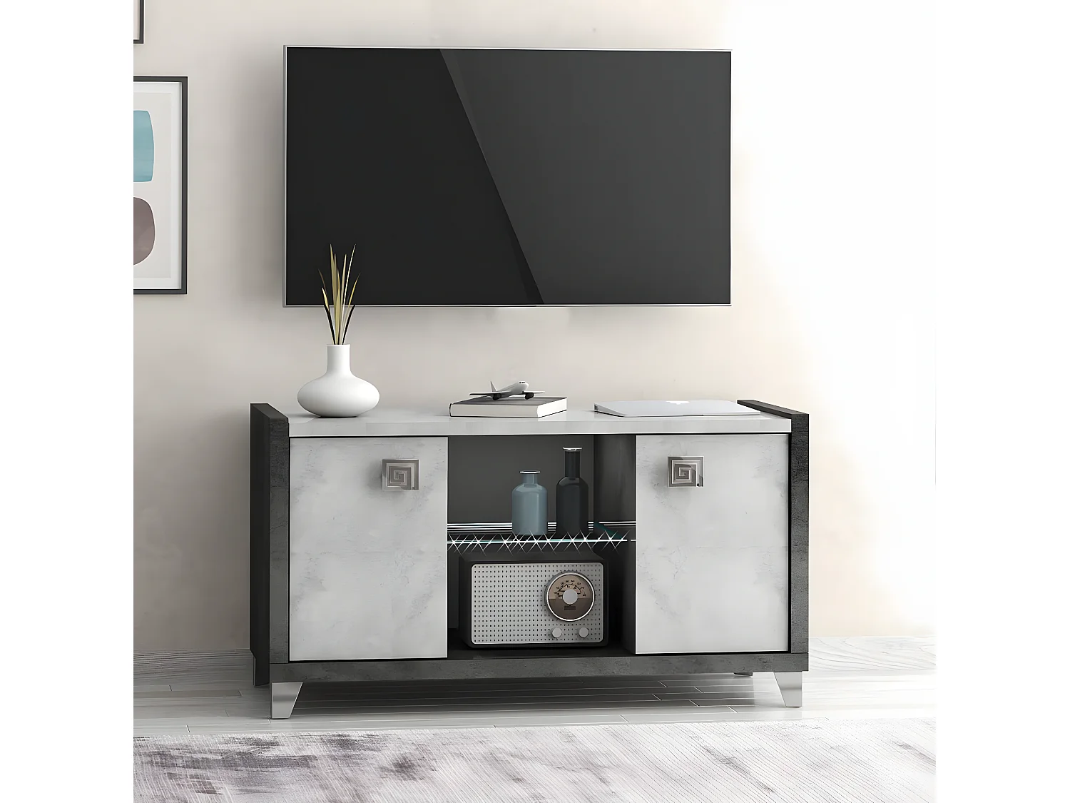 HOFFMAN - Meuble TV 2 Portes 105cm Gris Aspect Pierre avec Led