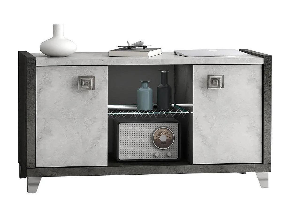 HOFFMAN - Meuble TV 2 Portes 105cm Gris Aspect Pierre avec Led