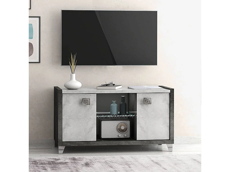 HOFFMAN - Meuble TV 2 Portes 105cm Gris Aspect Pierre avec Led