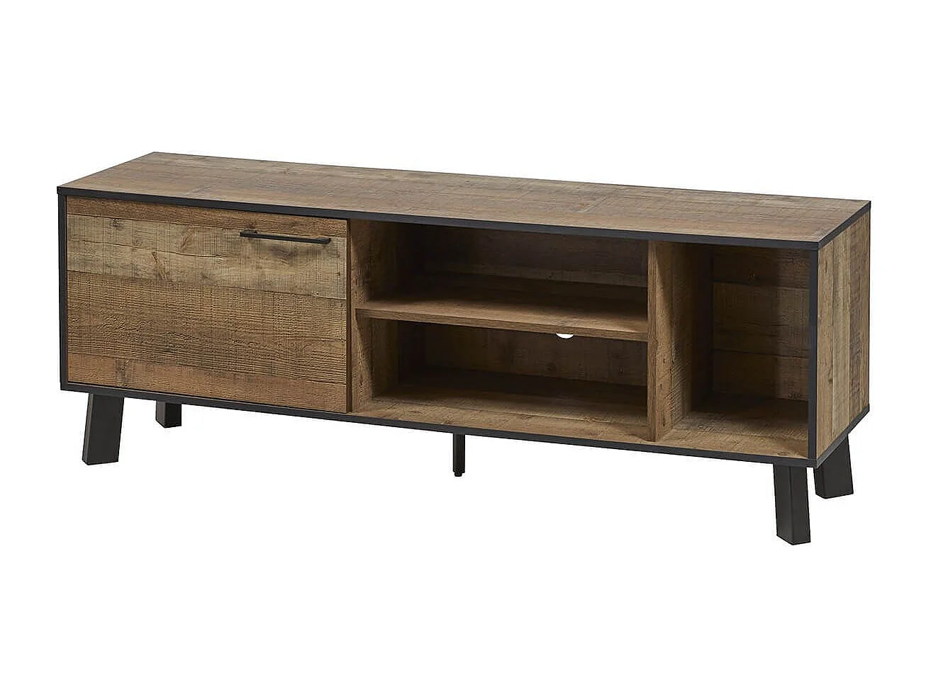 KARMINA - Meuble TV 1 Porte 3 Niches Aspect Bois et Métal