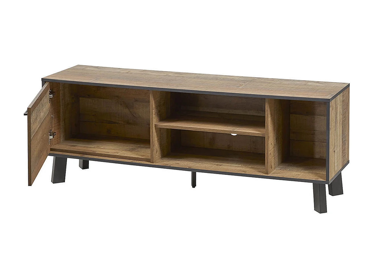 KARMINA - Meuble TV 1 Porte 3 Niches Aspect Bois et Métal