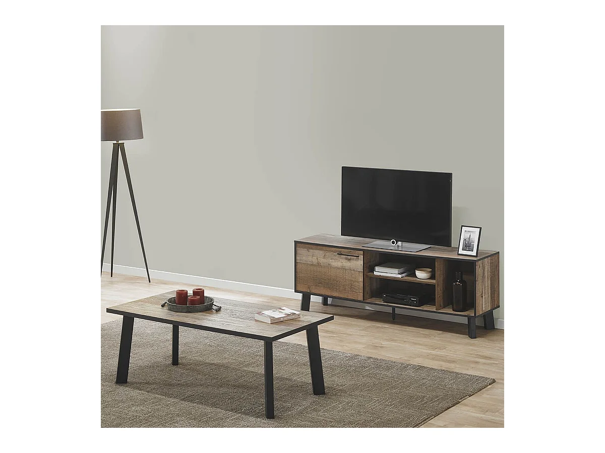 KARMINA - Meuble TV 1 Porte 3 Niches Aspect Bois et Métal
