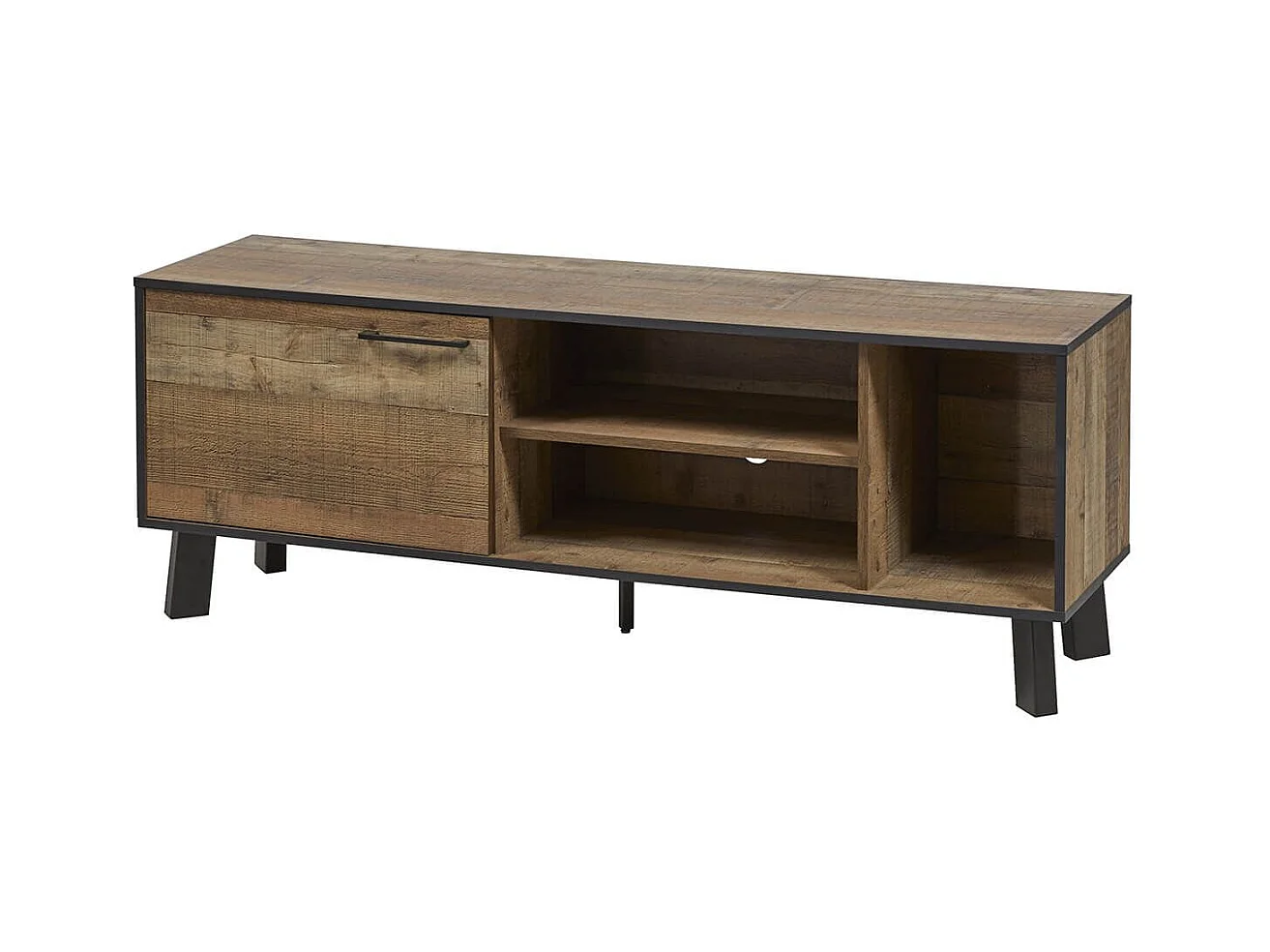KARMINA - Meuble TV 1 Porte 3 Niches Aspect Bois et Métal