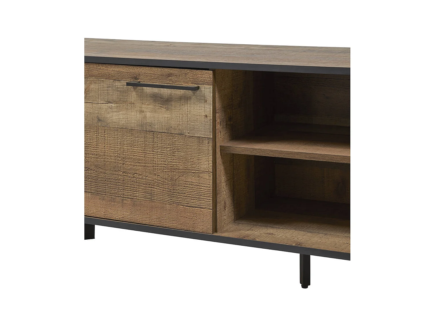 KARMINA - Meuble TV 1 Porte 3 Niches Aspect Bois et Métal