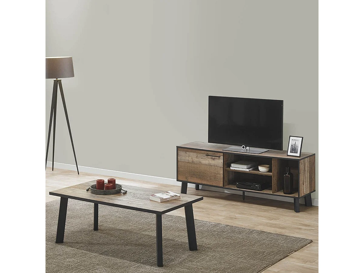 KARMINA - Meuble TV 1 Porte 3 Niches Aspect Bois et Métal