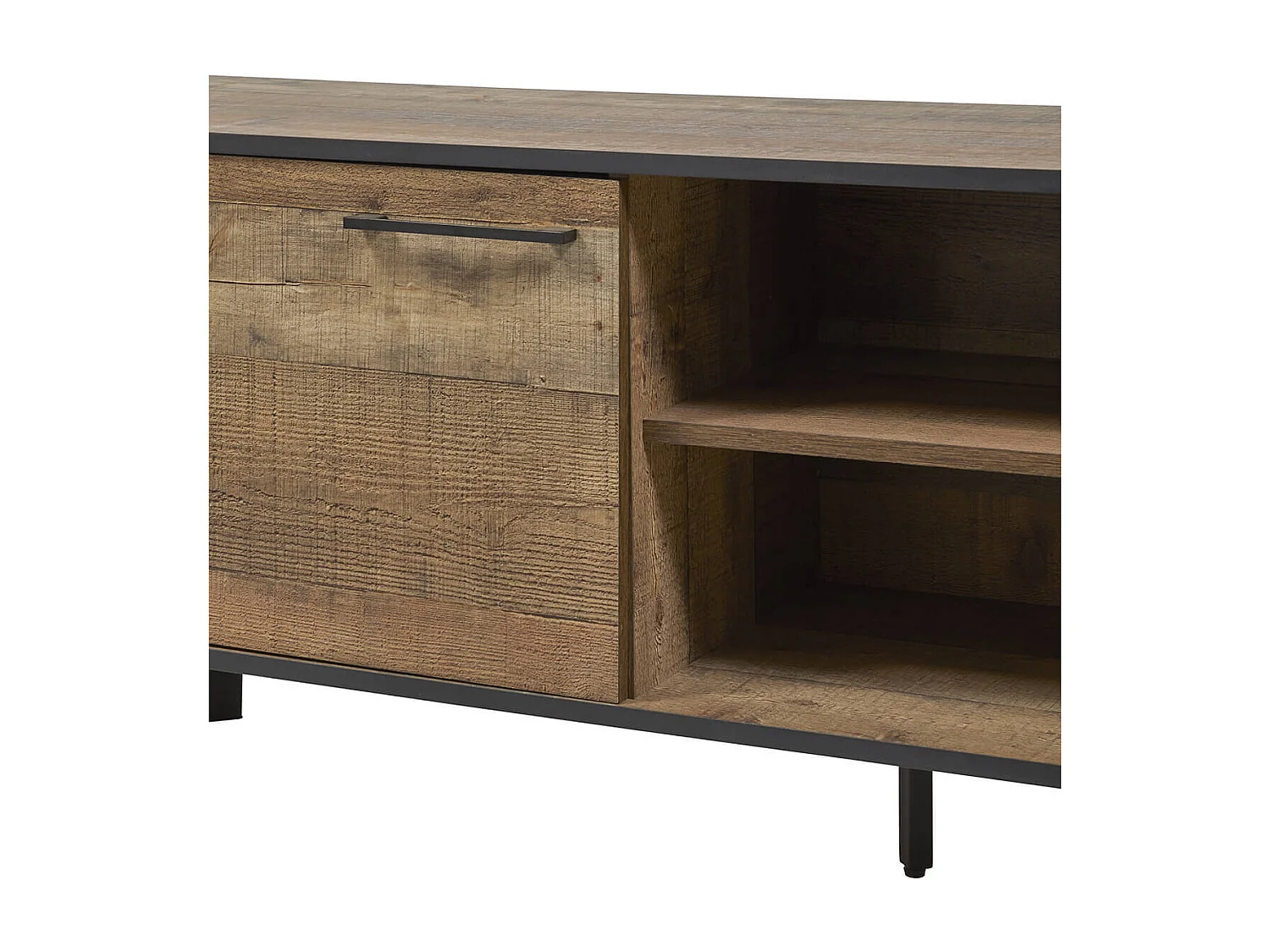 KARMINA - Meuble TV 1 Porte 3 Niches Aspect Bois et Métal