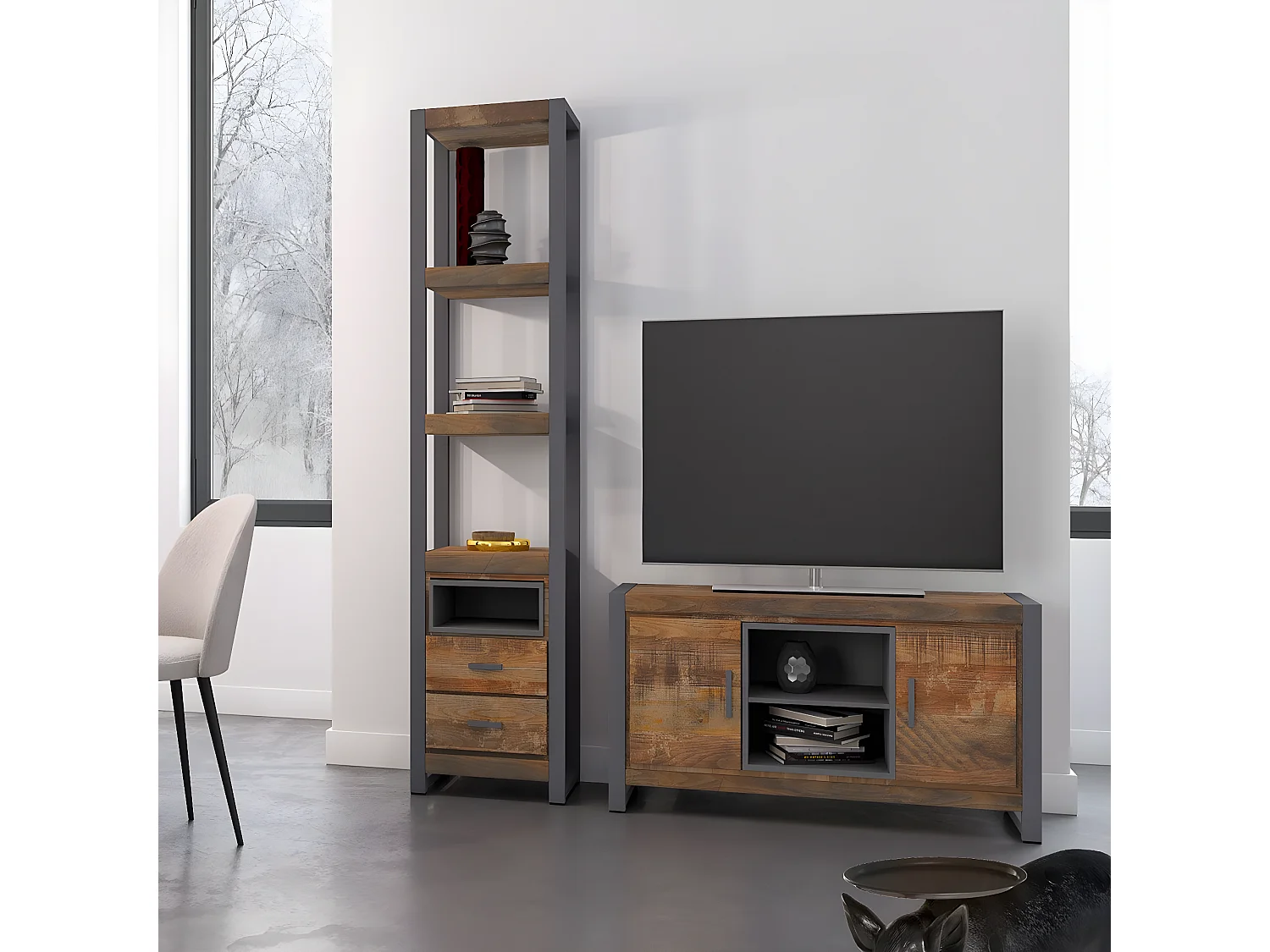 PALISSA - Meuble TV 2 Portes Bois et Acier Patiné