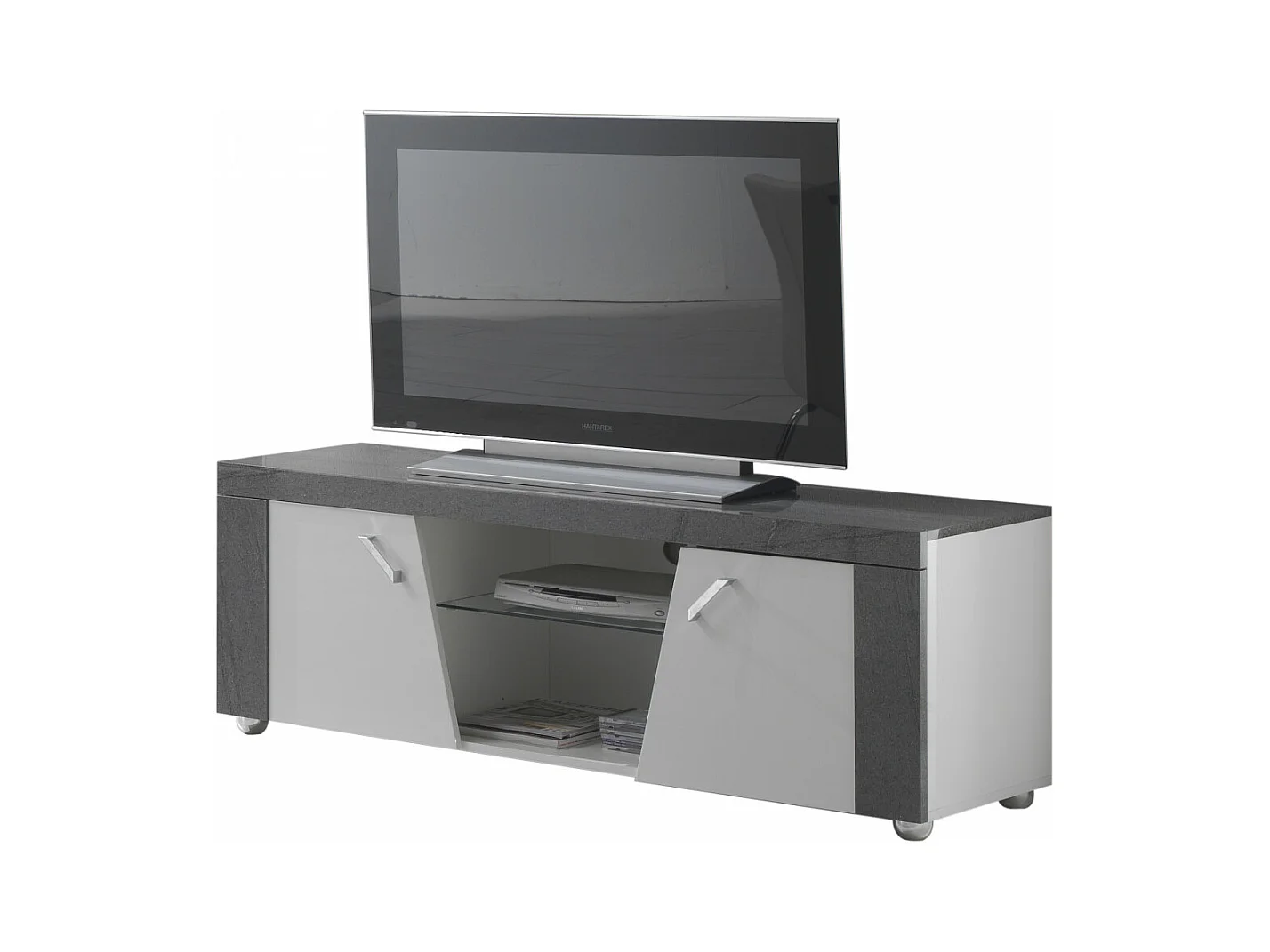 LUNA - Meuble TV 2 Portes et Niche Gris Finition Brillante