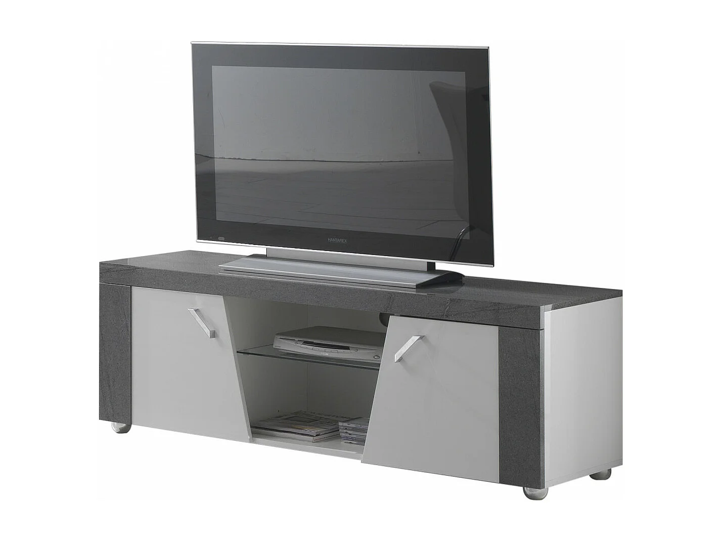 LUNA - Meuble TV 2 Portes et Niche Gris Finition Brillante