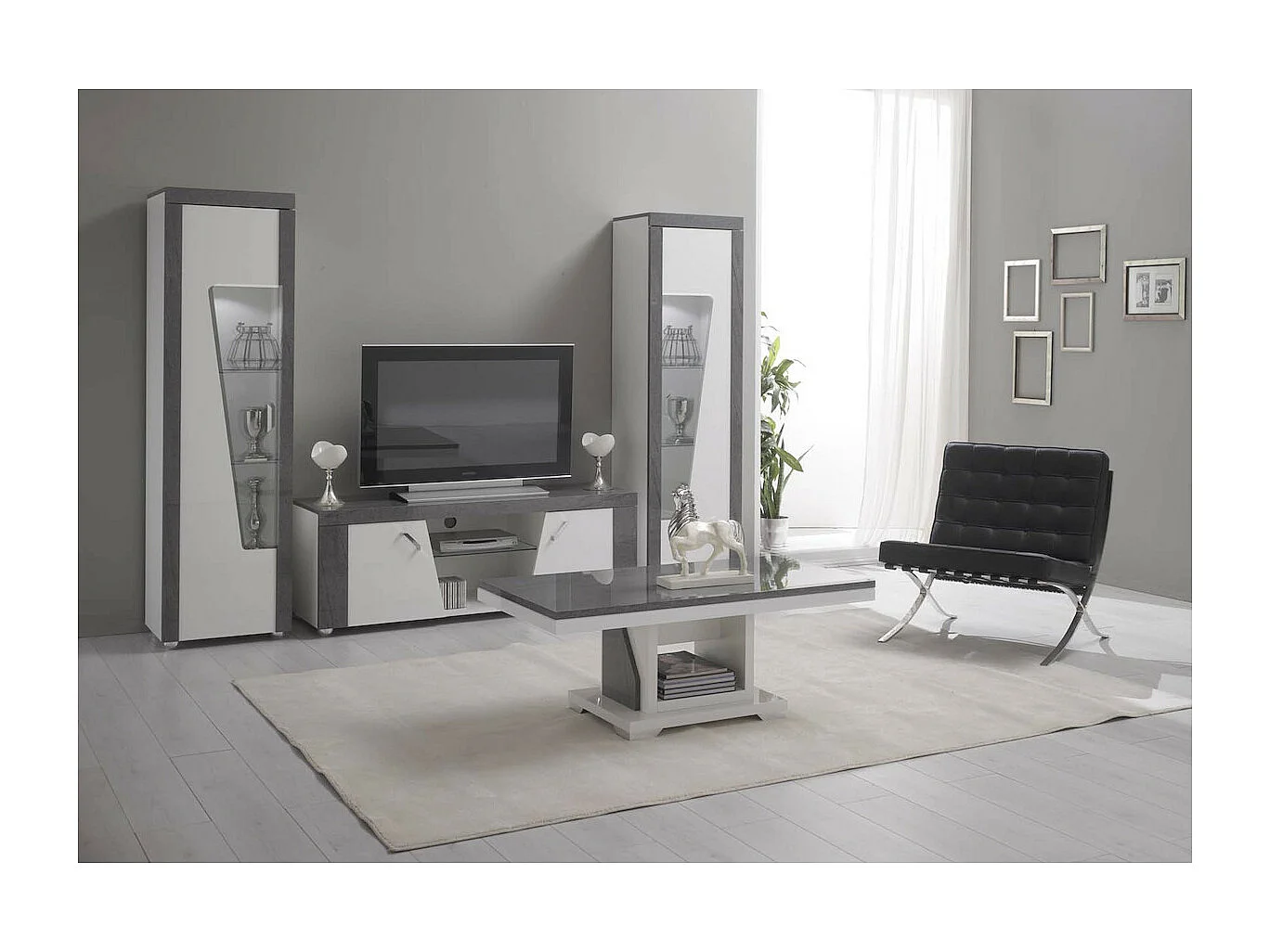 LUNA - Meuble TV 2 Portes et Niche Gris Finition Brillante