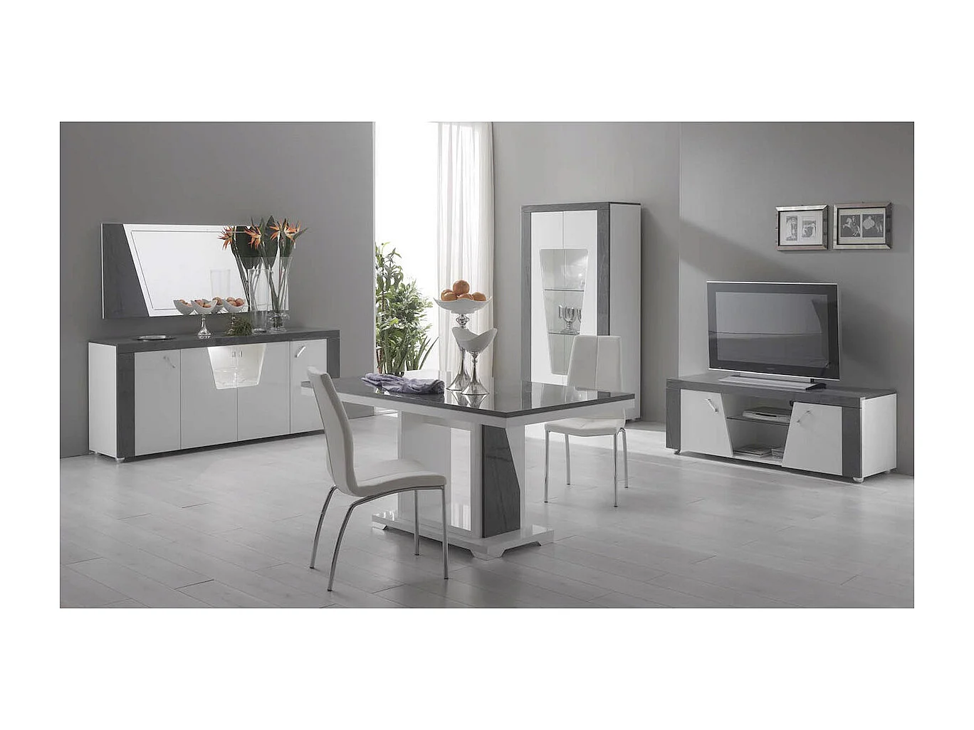 LUNA - Meuble TV 2 Portes et Niche Gris Finition Brillante