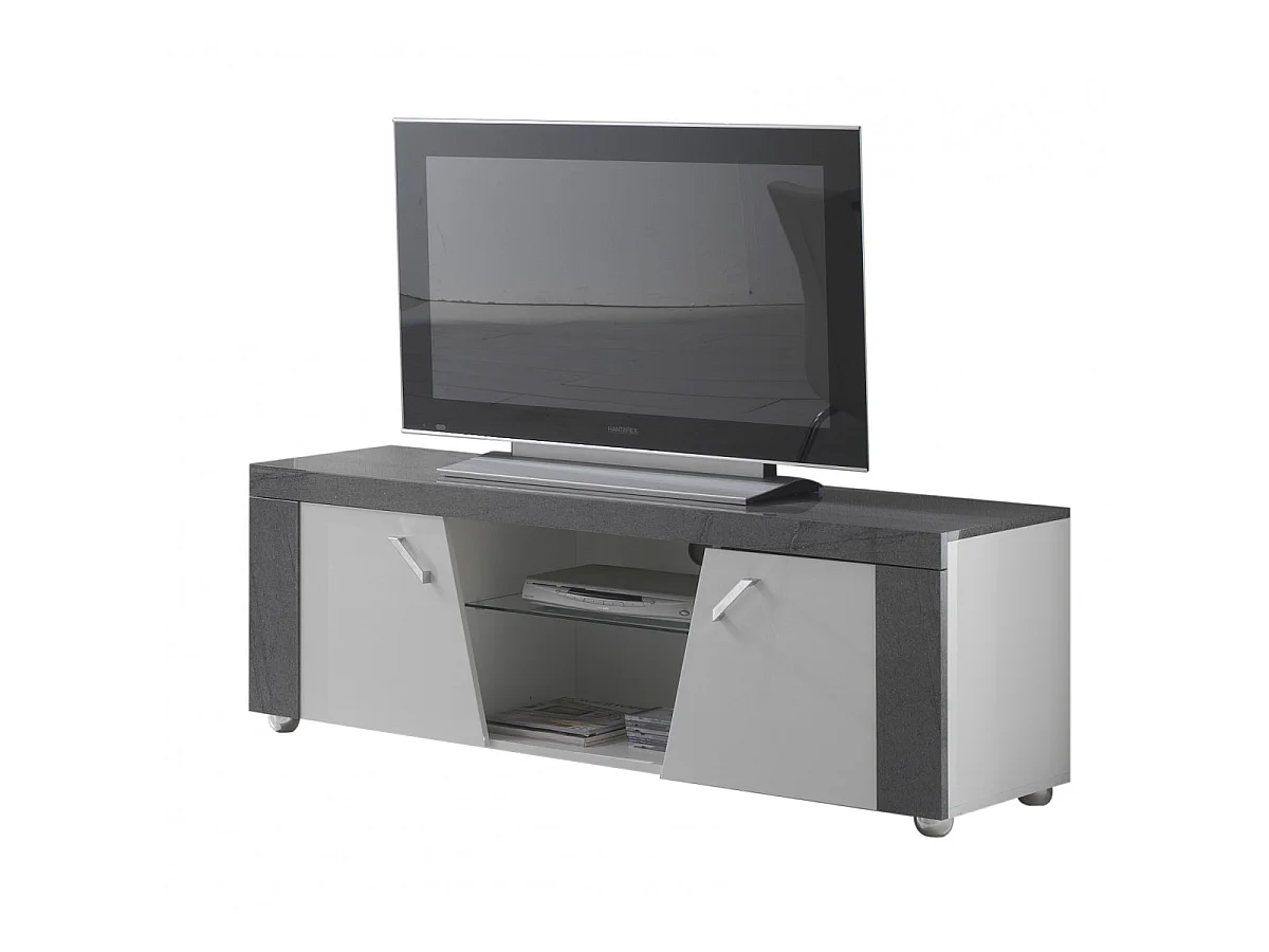 LUNA - Meuble TV 2 Portes et Niche Gris Finition Brillante