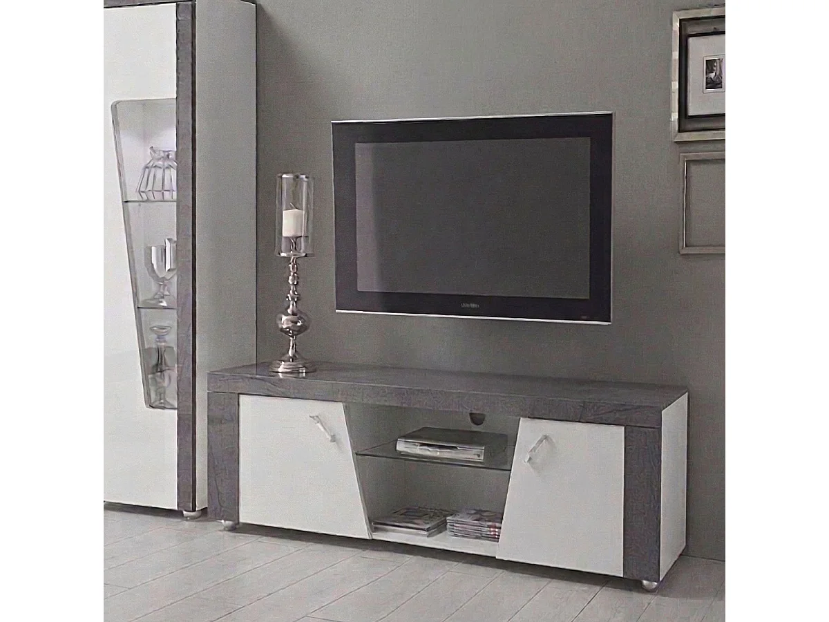 LUNA - Meuble TV 2 Portes et Niche Gris Finition Brillante