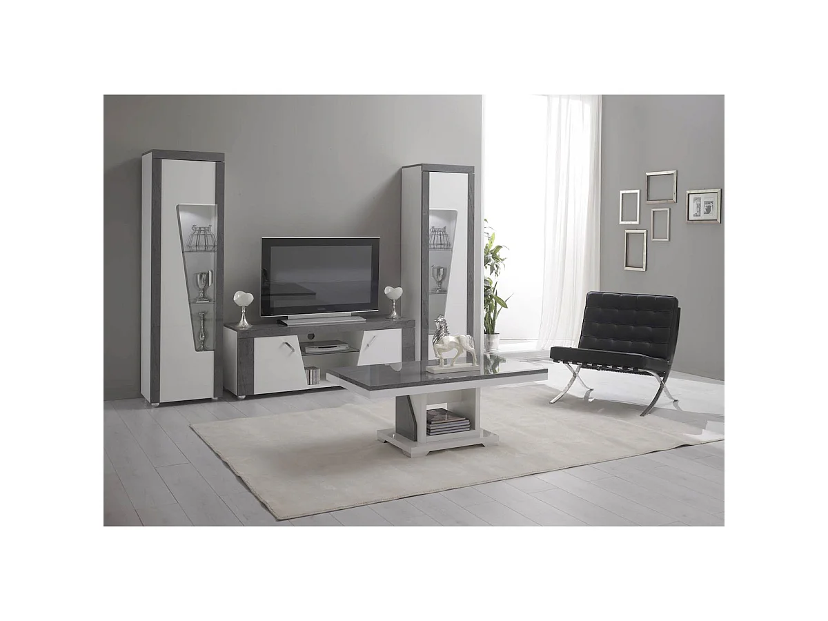 LUNA - Meuble TV 2 Portes et Niche Gris Finition Brillante