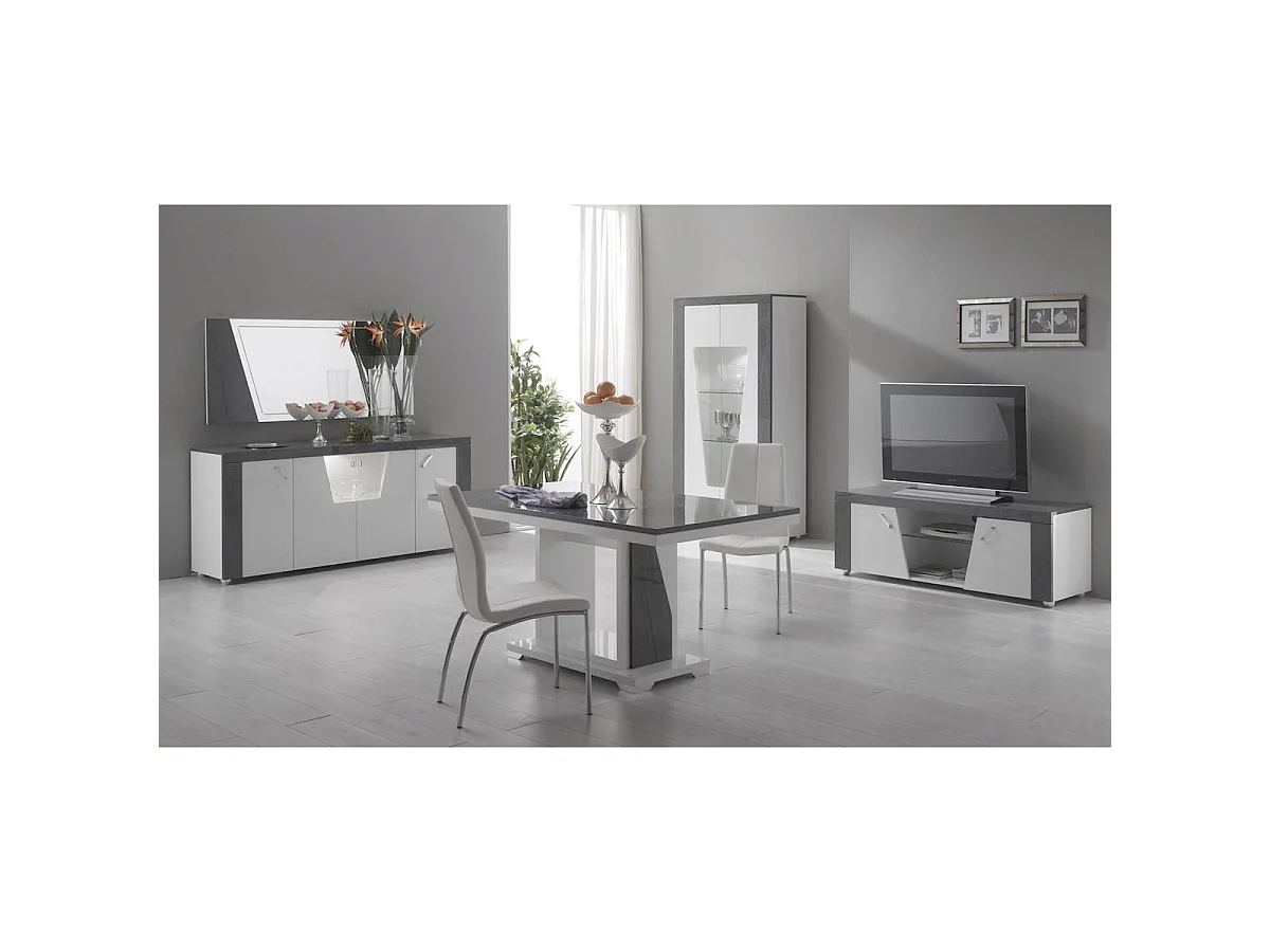 LUNA - Meuble TV 2 Portes et Niche Gris Finition Brillante