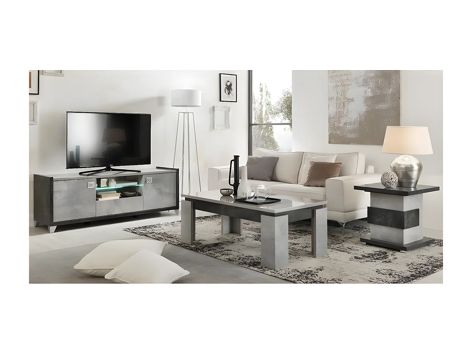 HOFFMAN - Meuble TV 2 Portes 160cm Gris Aspect Pierre avec Led