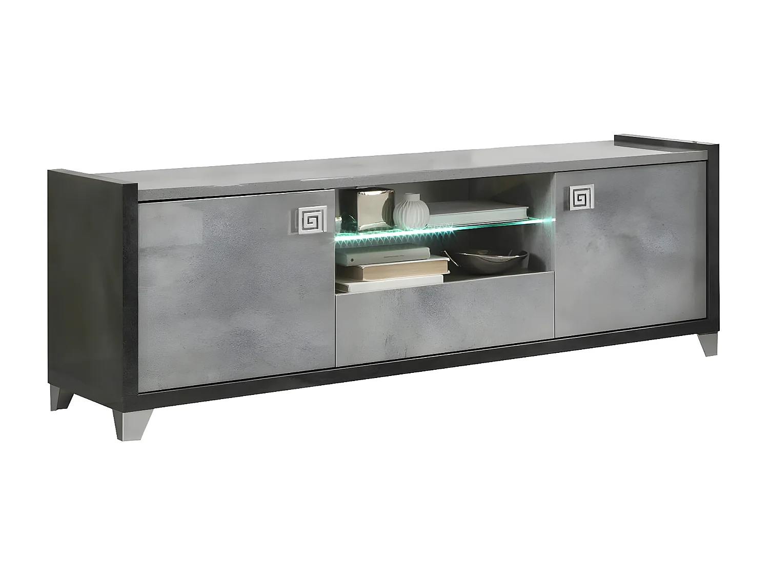 HOFFMAN - Meuble TV 2 Portes 160cm Gris Aspect Pierre avec Led