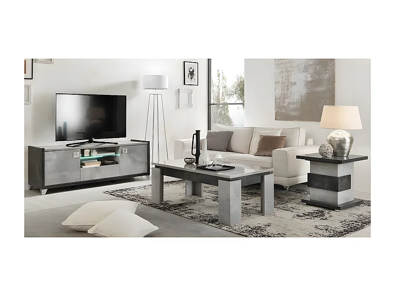 HOFFMAN - Meuble TV 2 Portes 160cm Gris Aspect Pierre avec Led