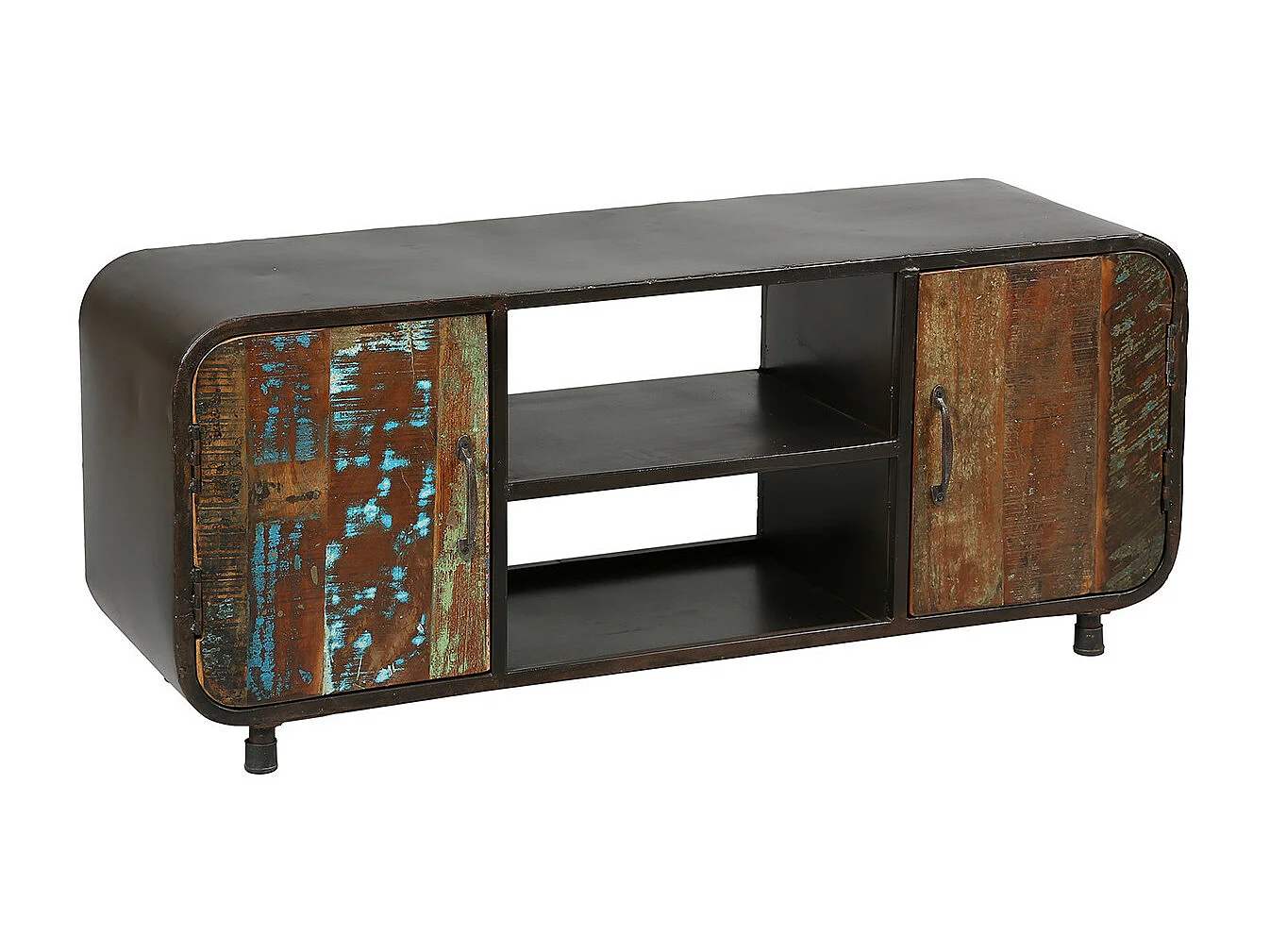 CALLISTE - Meuble TV 2 Portes en Bois Recyclé de Caractère Structure Acier