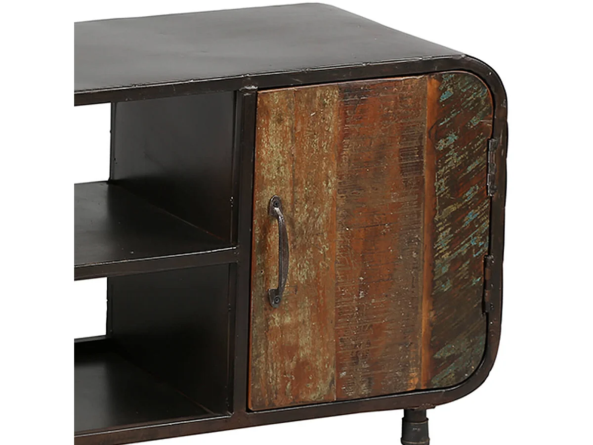 CALLISTE - Meuble TV 2 Portes en Bois Recyclé de Caractère Structure Acier