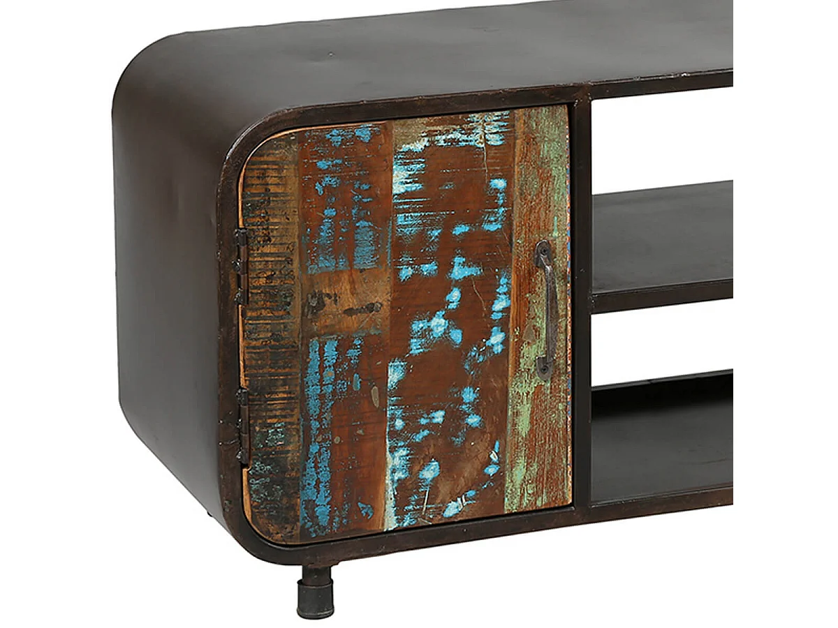 CALLISTE - Meuble TV 2 Portes en Bois Recyclé de Caractère Structure Acier