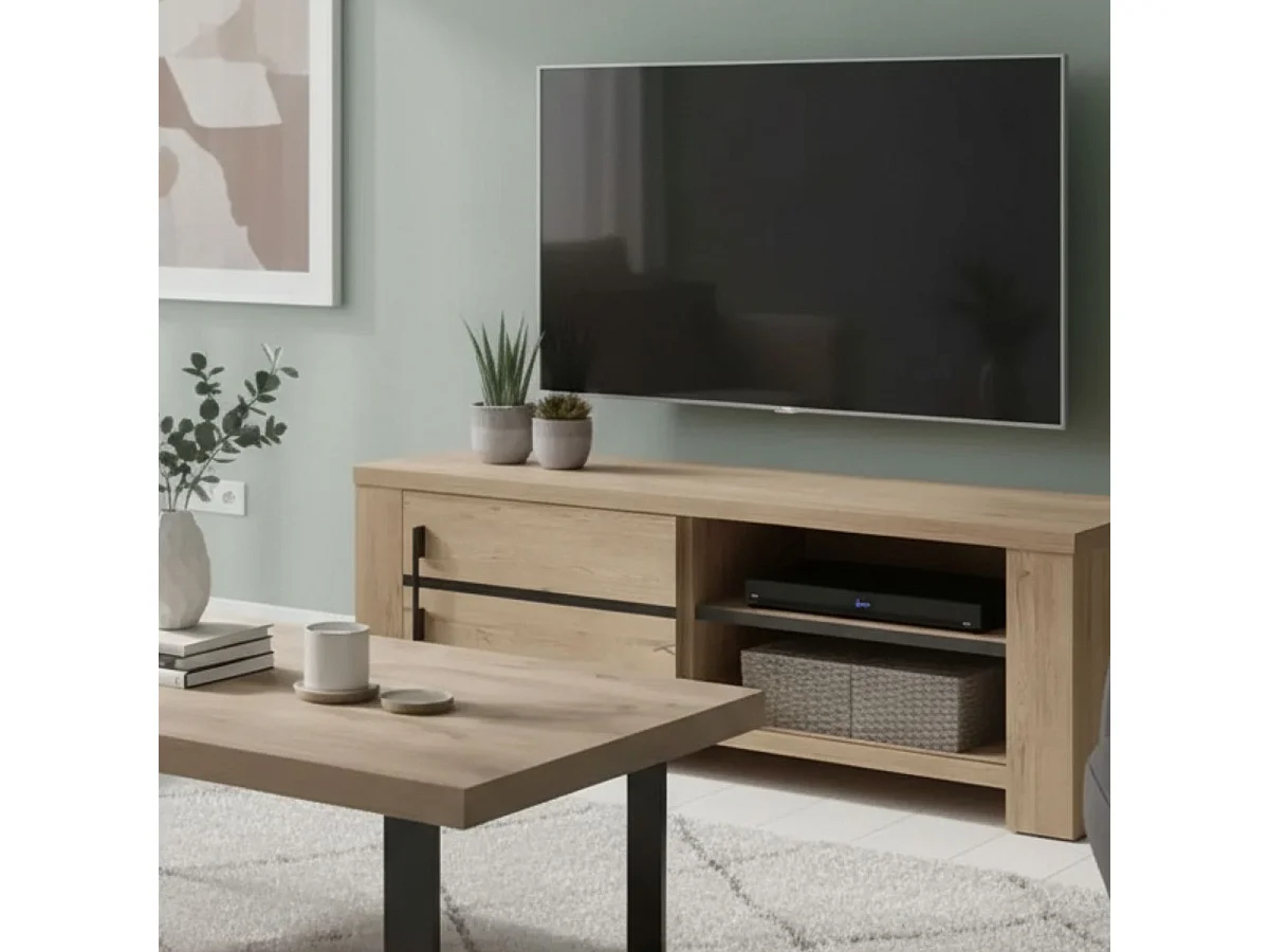 NILLA - Meuble TV avec Porte Coulissante Aspect Bois