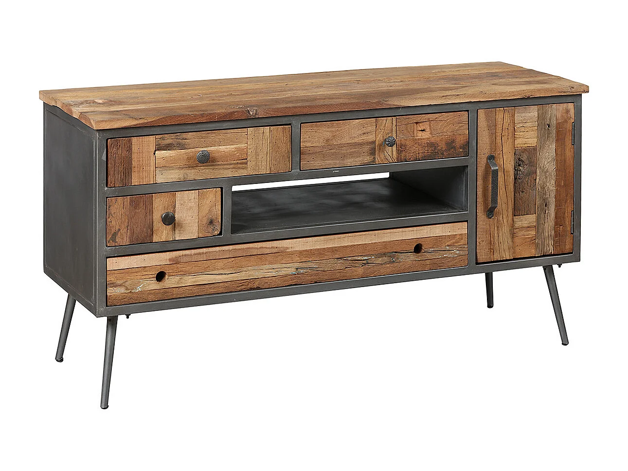 LEONARD - Meuble TV 1P 4T Acier et Bois Massif