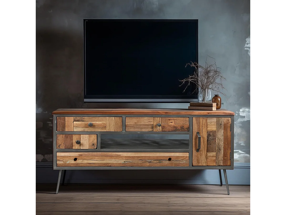 LEONARD - Meuble TV 1P 4T Acier et Bois Massif