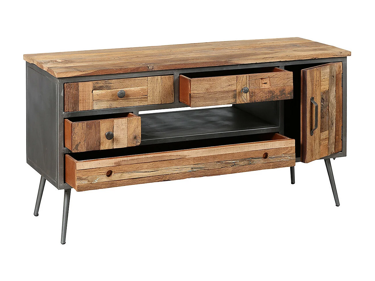 LEONARD - Meuble TV 1P 4T Acier et Bois Massif