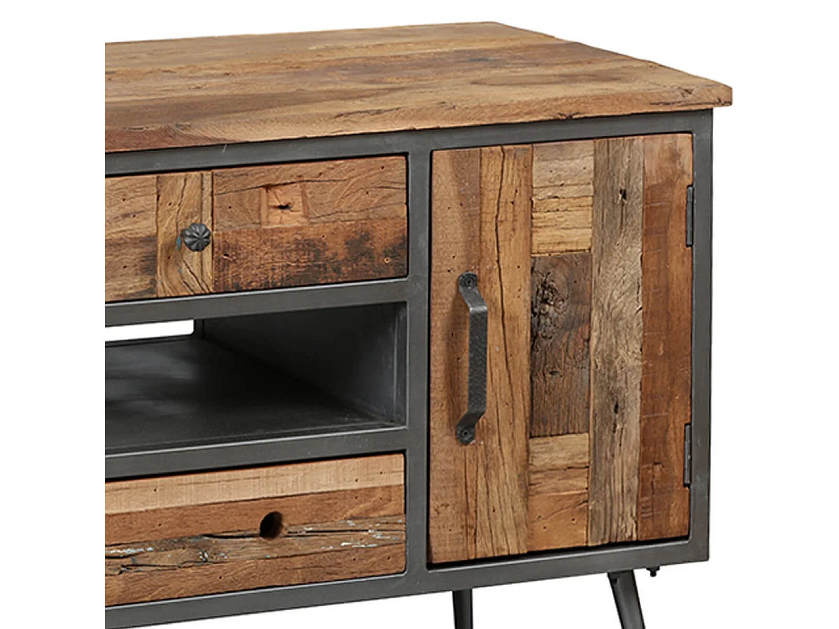 LEONARD - Meuble TV 1P 4T Acier et Bois Massif