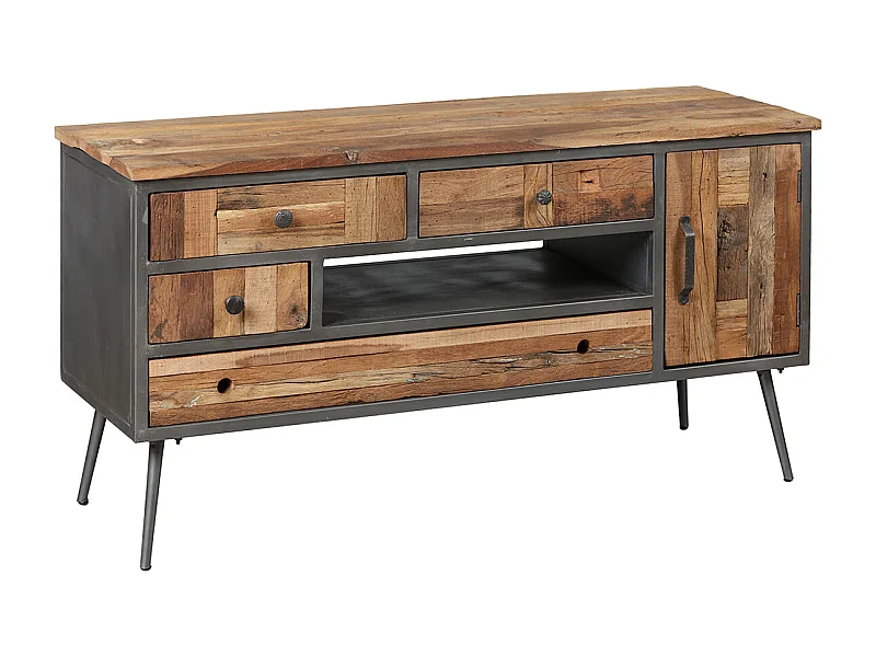 LEONARD - Meuble TV 1P 4T Acier et Bois Massif