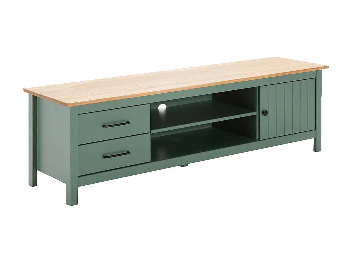TINA - Meuble TV 1 Porte 2 Tiroirs Bois Ciré et Vert
