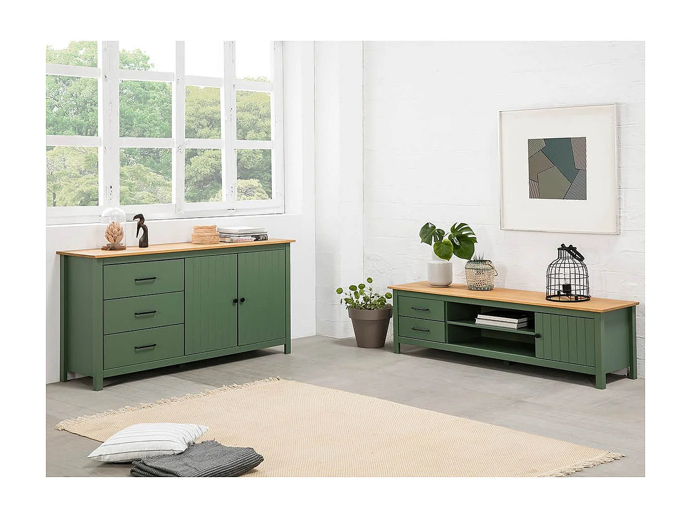 TINA - Meuble TV 1 Porte 2 Tiroirs Bois Ciré et Vert