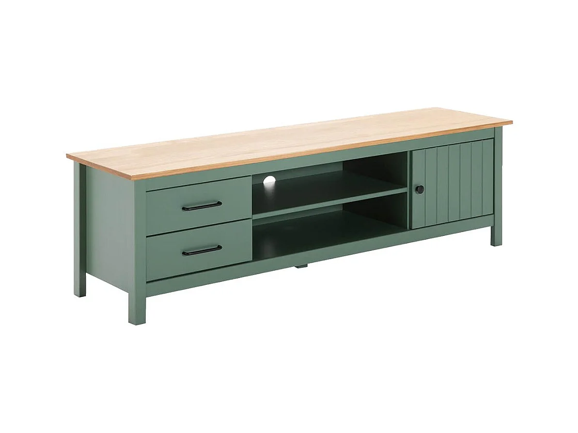 TINA - Meuble TV 1 Porte 2 Tiroirs Bois Ciré et Vert