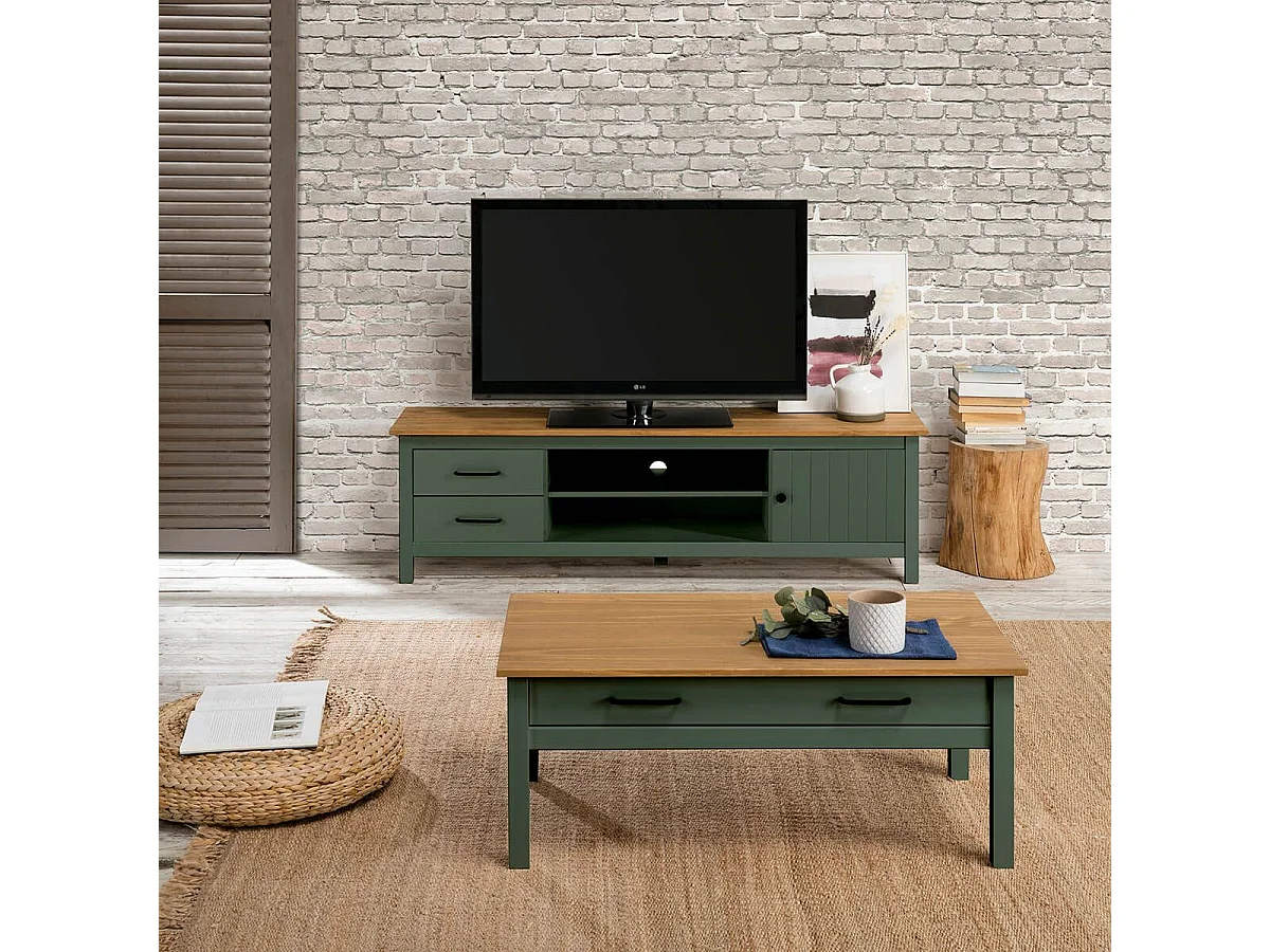 TINA - Meuble TV 1 Porte 2 Tiroirs Bois Ciré et Vert
