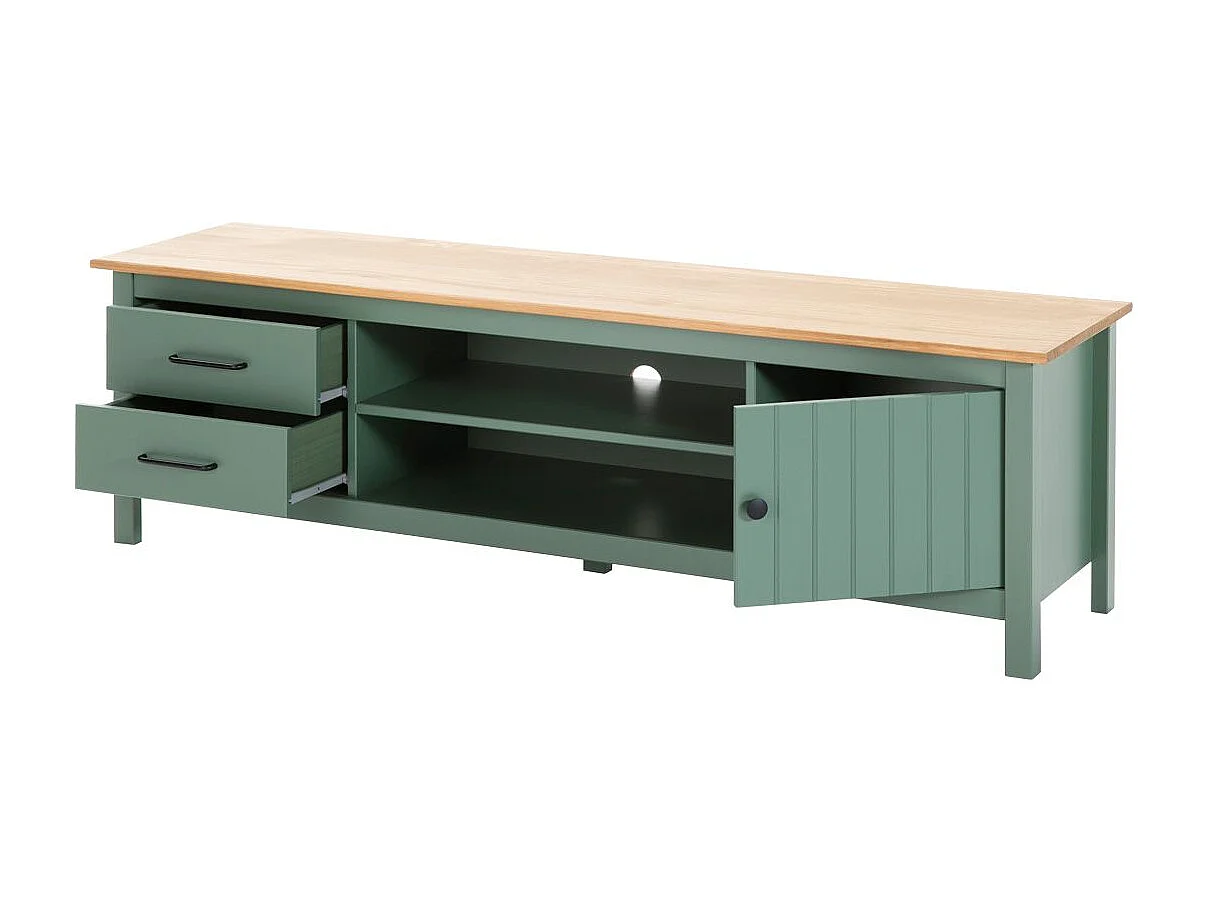 TINA - Meuble TV 1 Porte 2 Tiroirs Bois Ciré et Vert