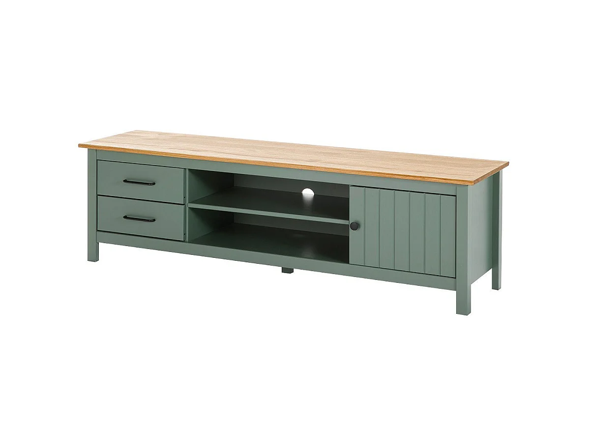 TINA - Meuble TV 1 Porte 2 Tiroirs Bois Ciré et Vert