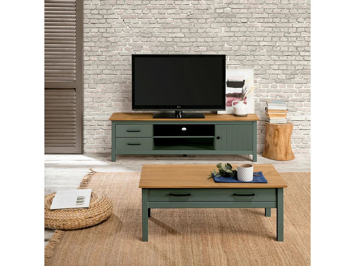 TINA - Meuble TV 1 Porte 2 Tiroirs Bois Ciré et Vert