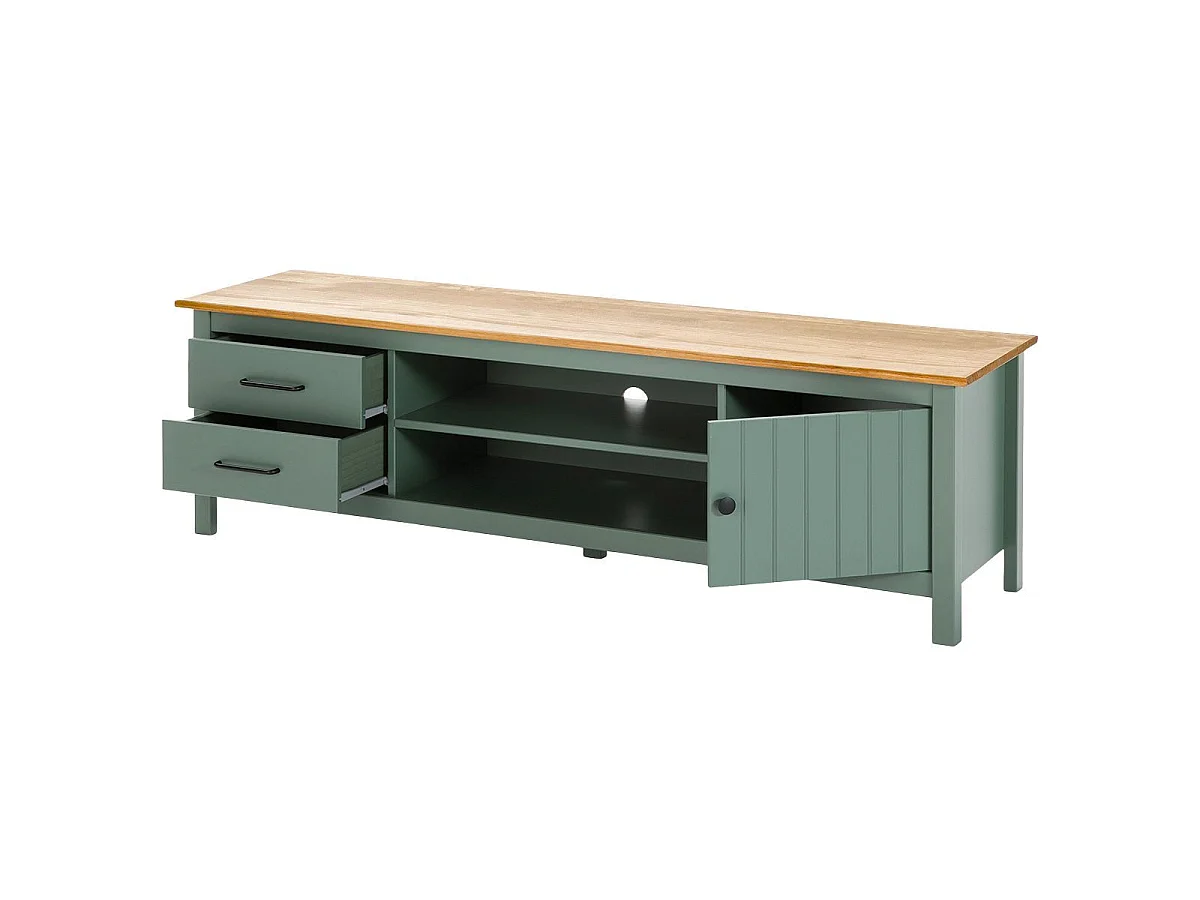 TINA - Meuble TV 1 Porte 2 Tiroirs Bois Ciré et Vert